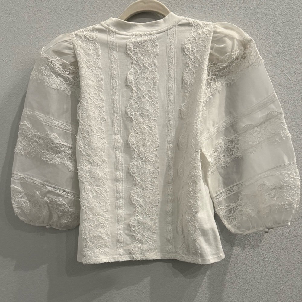 NWT Cinq à Sept White Lace Stefania Trim Shirt 3/4 Sleeve Blouse Size XS - Picture 10 of 12